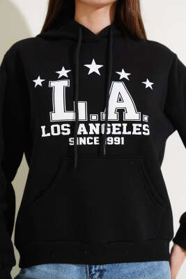 Üç İplik L.A Baskılı Sweatshirt Siyah - Kadın Giyim Modelleri