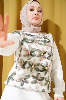 Üç İplik Tül Çiçekli Sweatshirt Haki 
