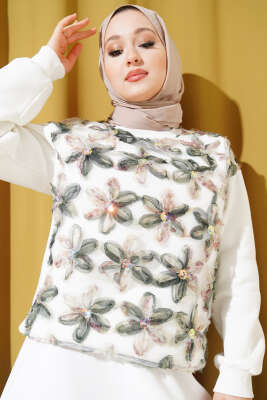 Üç İplik Tül Çiçekli Sweatshirt Haki - Tunik