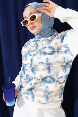 Üç İplik Tül Çiçekli Sweatshirt Mavi - Tunik