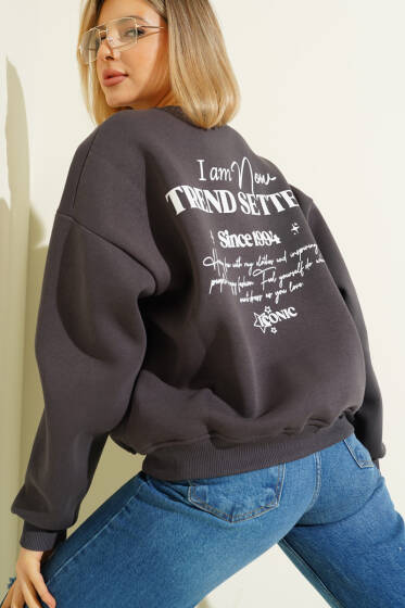 Üç İplik Yıldız Parçalı Sweatshirt Füme - İndirimli Tesettür Bluz
