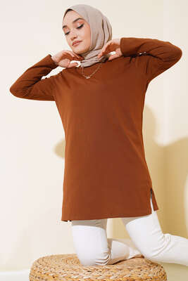 Uzun Kol Basic Tunik Kahve 
