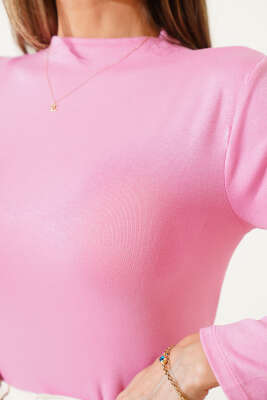 Uzun Kol Dik Yaka Basic Body Pembe - Kadın Giyim Modelleri
