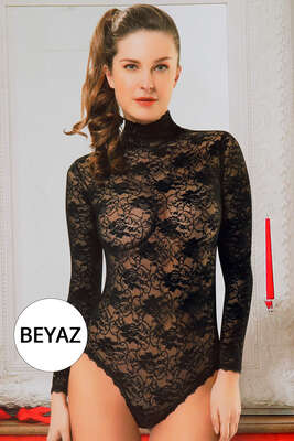 Uzun Kollu Dantelli Bayan Çıtçıtlı Body Beyaz - YILDIRIM İÇ GİYİM