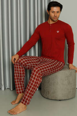 Uzun Kollu Düğmeli Ekoseli Erkek Pijama Takım Bordo - Pijama & Gecelik
