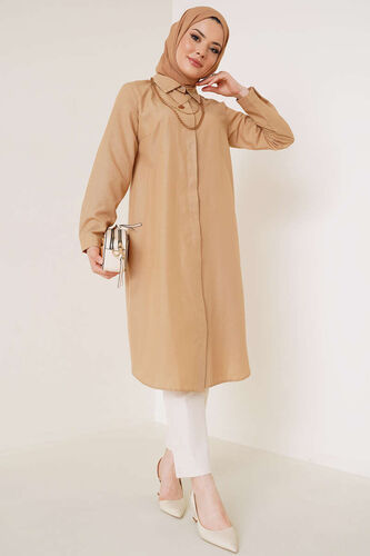 Uzun Model Klasik Yaka Latte Tunik - Tunik