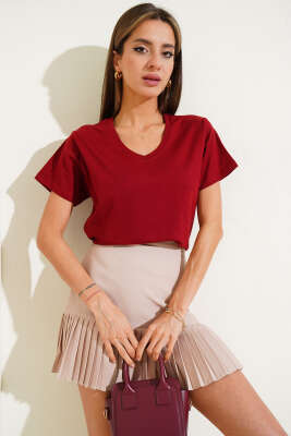 V Yaka Basic T-shirt Bordo - Kadın Giyim Modelleri