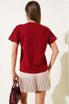 V Yaka Basic T-shirt Bordo - Kadın Giyim Modelleri