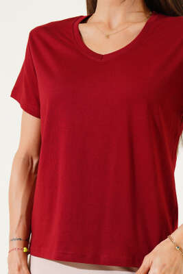 V Yaka Basic T-shirt Bordo - Kadın Giyim Modelleri