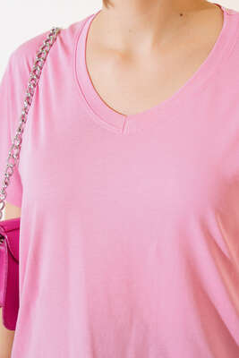 V Yaka Basic T-shirt Pembe - Kadın Giyim Modelleri