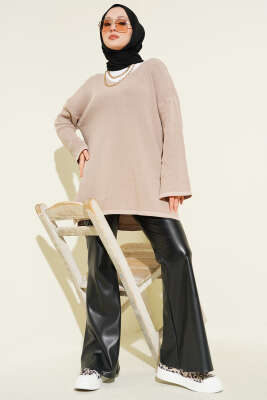 V Yaka Düz Triko Tunik Vizon - 100-300 TL Ürünler