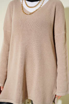V Yaka Düz Triko Tunik Vizon - 100-300 TL Ürünler