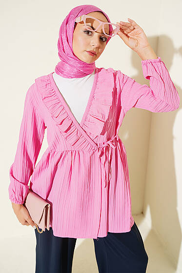 V Yaka Fırfır Detaylı Kimono Pembe - Kampanyalı Ürünler
