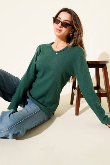 V Yaka Fitilli Kaşe Bluz Zümrüt - Kadın Giyim Modelleri