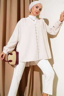 V Yaka Önü Brit Düğmeli Gömlek Bej - DUFON