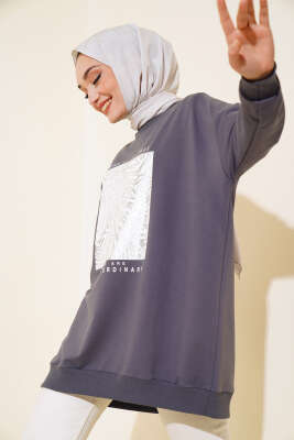 Varak Baskılı Sweatshirt Füme - EKRU TEX