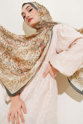 Vintage Çini Desen Şal Haki