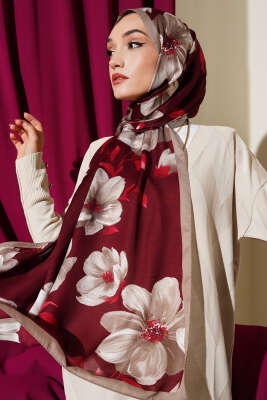 Vintage Rose Desen Şal Bordo-02 