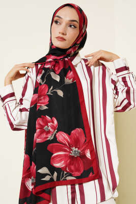 Vintage Rose Desen Şal Siyah Bordo-08 