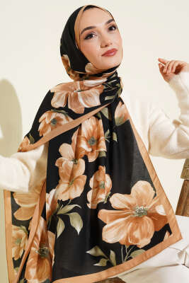 Vintage Rose Desen Şal Siyah Latte -05 