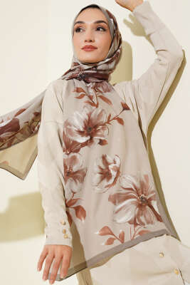 Vintage Rose Desen Şal Soft Kahve-07 
