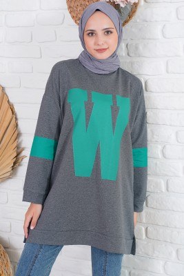 W Baskılı Kolları Şeritli Füme Tunik - Bayan Tunik