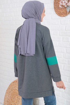 W Baskılı Kolları Şeritli Füme Tunik - Bayan Tunik