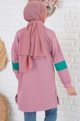W Baskılı Kolları Şeritli Gül Kurusu Tunik - Spor Tunik