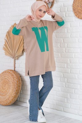W Baskılı Kolları Şeritli Latte Tunik - Spor Tunik