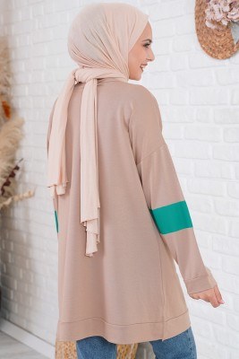 W Baskılı Kolları Şeritli Latte Tunik - Spor Tunik