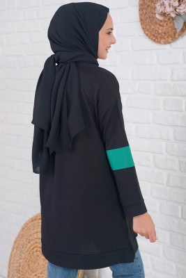 W Baskılı Kolları Şeritli Siyah Tunik - Spor Tunik