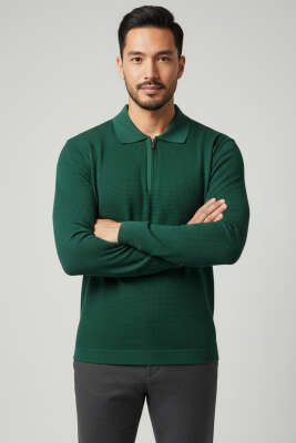 Waffle Kumaş Polo Yaka Fermuarlı Erkek Sweatshirt Nefti - WİPEOUT