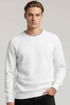 Waffle Nakışlı Triko Sweatshirt Beyaz 