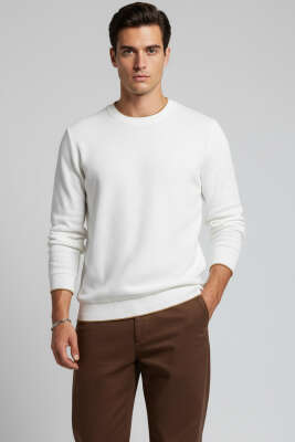 Waffle Nakışlı Triko Sweatshirt Ekru 