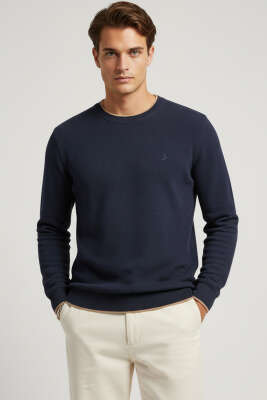 Waffle Nakışlı Triko Sweatshirt Lacivert 