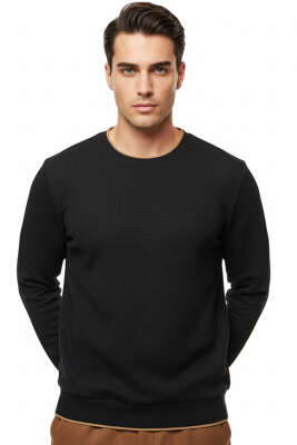 Waffle Nakışlı Triko Sweatshirt Siyah - Erkek Sweatshirt