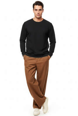 Waffle Nakışlı Triko Sweatshirt Siyah - Erkek Sweatshirt