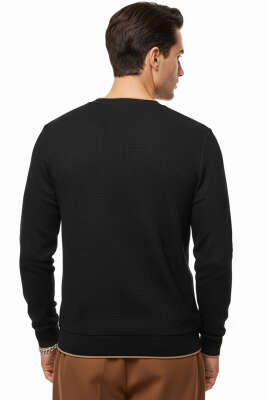 Waffle Nakışlı Triko Sweatshirt Siyah - Erkek Sweatshirt