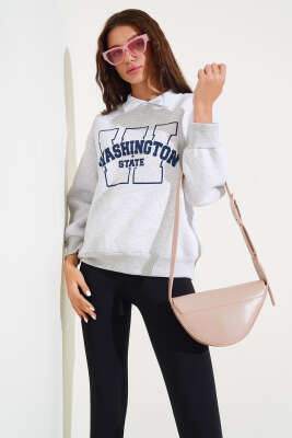 Washington Baskılı Üç İplik Sweatshirt Gri - Kadın Giyim Modelleri
