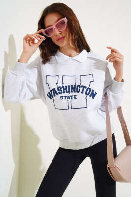 Washington Baskılı Üç İplik Sweatshirt Gri - Kadın Giyim Modelleri