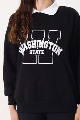 Washington Baskılı Üç İplik Sweatshirt Siyah - Kadın Giyim Modelleri