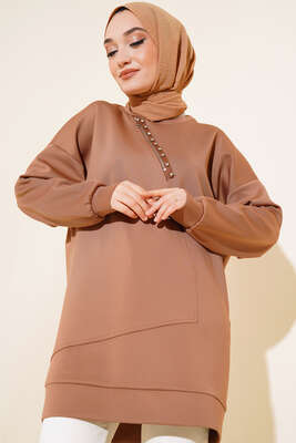 Yaka Fermuarlı Taşlı Scuba Tunik Camel 