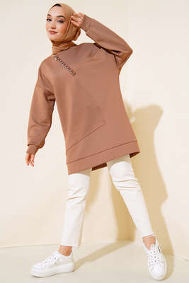 Yaka Fermuarlı Taşlı Scuba Tunik Camel - Tunik