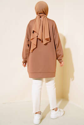 Yaka Fermuarlı Taşlı Scuba Tunik Camel - Tunik
