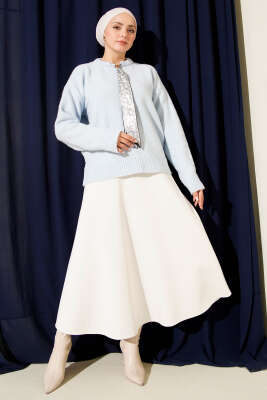 Yaka Fularlı Triko Kazak Mavi - Triko Kazak