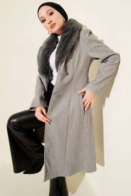 Yaka Kürklü Kaşe Kaban Gri - MUSTİ