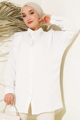 Yaka Taş Detaylı Gömlek Beyaz - Gömlek