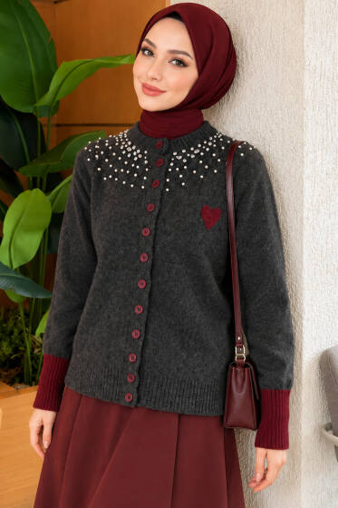 Yaka Taşlı Kalplı Triko Hırka Füme - Hırka
