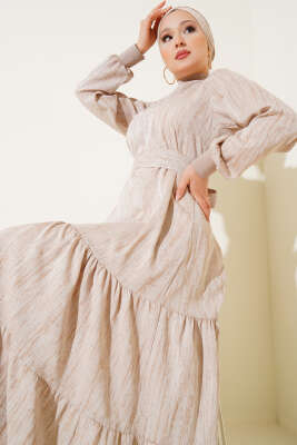 Yaka Ve Kol Ribanalı Elbise Bej 