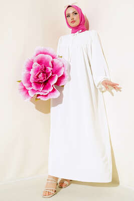 Yakası Bağlamalı Balon Kol Elbise Ekru 